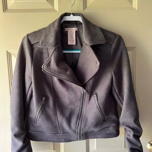 Grey, small, suede jacket. Worn once. Like new. Smoke free and animal free home.